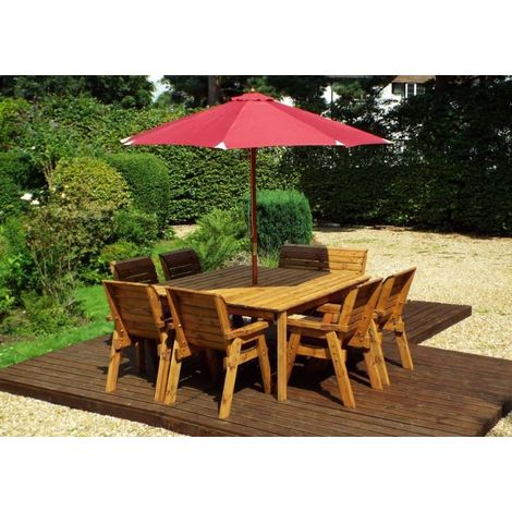 Charles Taylor 8 Seater Wooden Square Table & 6 Chairs 1 Bench Parasol Red (1/4)