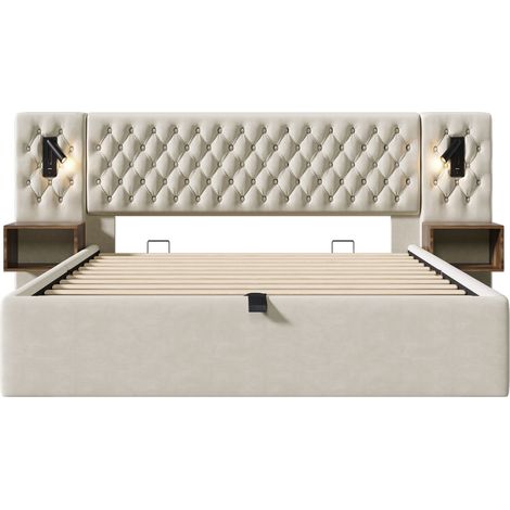 Ensemble lit coffre 180 x 200 cm en velours beige avec 2 tables de nuit HOMVRA (1/5)