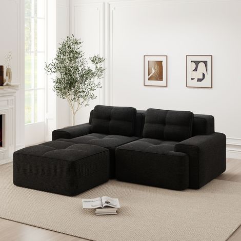 REDOM - Sofá modular esquinero 2 plazas, asiento profundo, respaldo curvado, tejido corduroy negro (1/5)