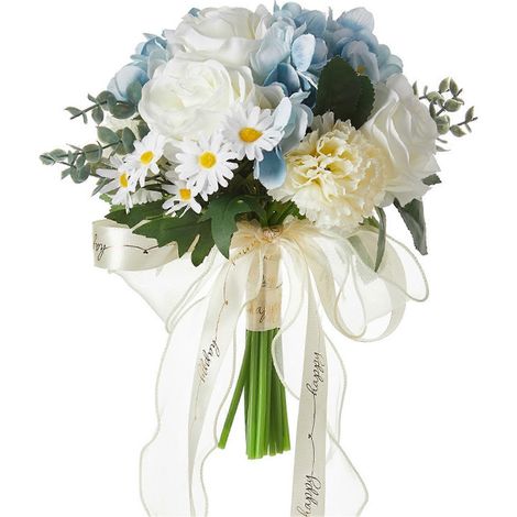 (Bleu et blanc) 1 bouquet de roses artificielles bleu et blanc, composition fraîche pour mariage de mariée (1/5)