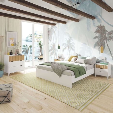 Pack Dormitorio Muebles Daylight Mesitas de Noche, Cómoda y Cama Queen Size Blanco Artik y Natur (1/5)