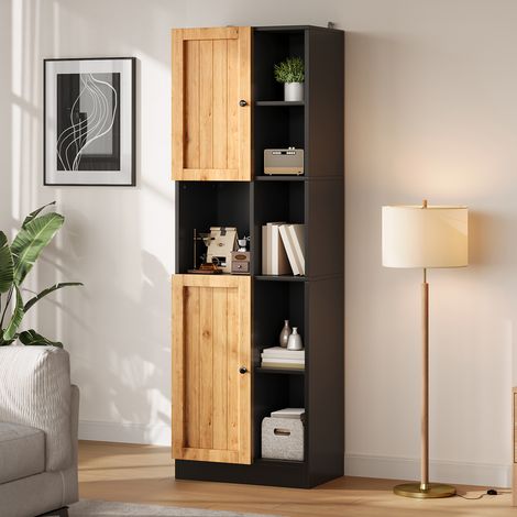 Armario esquinero alto (50x35.5x170 cm), 6 estantes abiertos, 2 puertas, baldas ajustables, MDF, negro y natural (1/5)