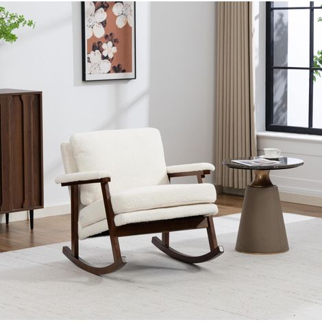 Fauteuil à bascule en velours blanc, structure bois, avec coussin lombaire OKMYHOME (1/5)
