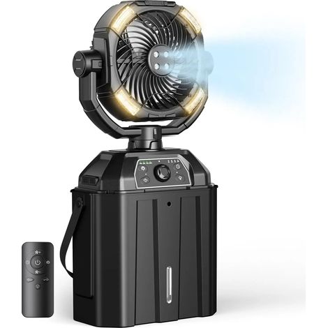 Ventilateur brumisateur portable, rechargeable et à rotation automatique, avec 4 brumisateurs, adapté à une utilisation en extérieur. (1/5)