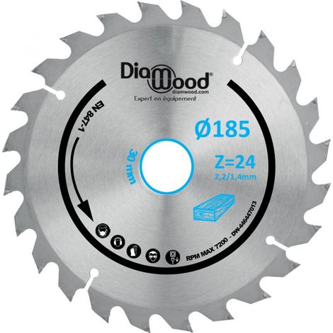 Diamwood – Lame de scie circulaire 185 mm – Alésage 30 mm – 24 dents carbure HM – Pour bois tendre et exotique – Vitesse max 7400 tr/min