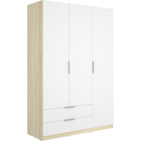 Armadio 3 ante 2 cassetti L137 cm Bianco e naturale chiaro - KALONY (1/4)