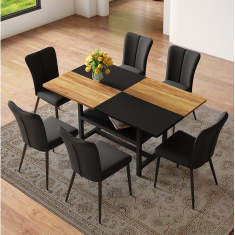 Ensemble table à manger rectangulaire 160 cm avec rangement et 6 chaises PU noires (1/5)