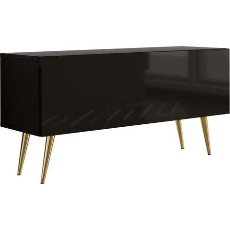 Meuble TV : Noir Mat/Noir Brillant, pieds dorées, 100 × 52 × 32 cm (1/5)