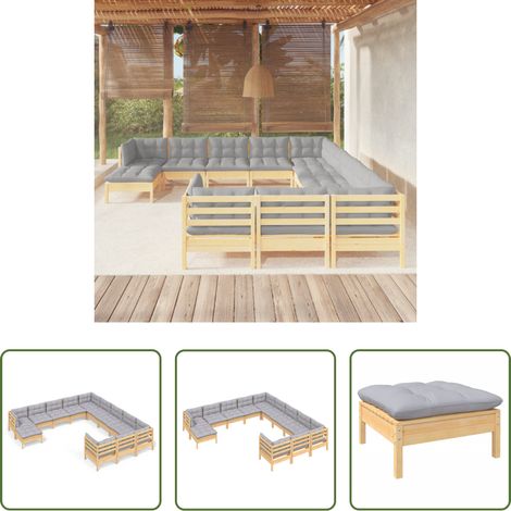 Holzgartenmöbel -  12-tlg. Garten-Lounge-Set mit Grauen Kissen Kiefernholz (1/5)