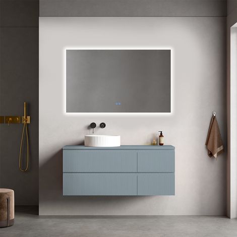 Mobile bagno sospeso cannettato reversibile 120 cm Blu Avio per Lavabo d'appoggio Specchio Quadro Retroilluminato - Fiji Paint Top Canneté (1/4)