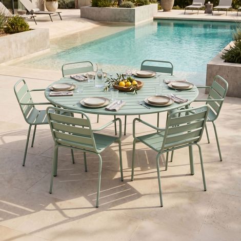 Ensemble table jardin 180 cm + 6 fauteuils en métal vert - BACA (1/5)