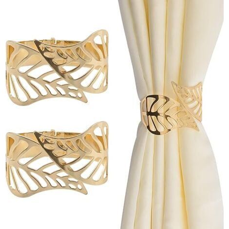 Embrasse de Rideaux, 2 pièces Métal Créatif Rideau Corde Boucles Feuille Creuse Pince à Rideau Décorative Accessoire Décoratif Fenêtre pour Bureau à Domicile (Or) (1/5)