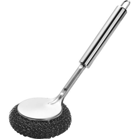 Spazzola per piatti in acciaio inox con manico lungo, spazzola robusta per pentole e ciotole, spazzola per la pulizia di piatti, pentole e ciotole, prodotti per la pulizia per il lavaggio (1/4)