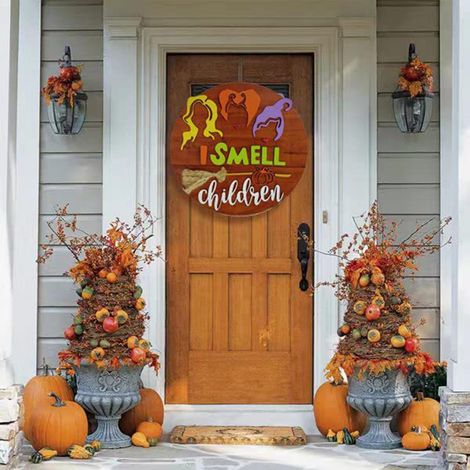 Pancarte en bois pour porte d’Halloween Sorcière Film Décoration murale extérieure maison Panneau suspendu entrée (1/5)