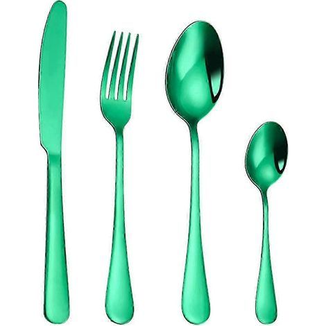 Ensemble de 4 pièces. Service de couverts raffiné. Acier inoxydable résistant à la corrosion. Bord lisse. Utilisation sûre. Louche et fourchette pour un usage quotidien (Vert B) (1/5)