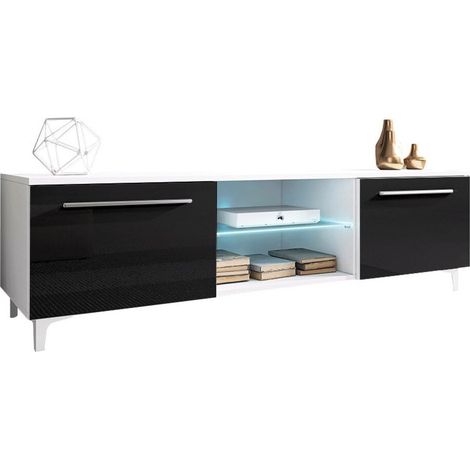 Mueble TV Uva V, Blanco + Negro brillante, Número de puertas: 2, Número de cajones: 0, 150x44x45cm, LED