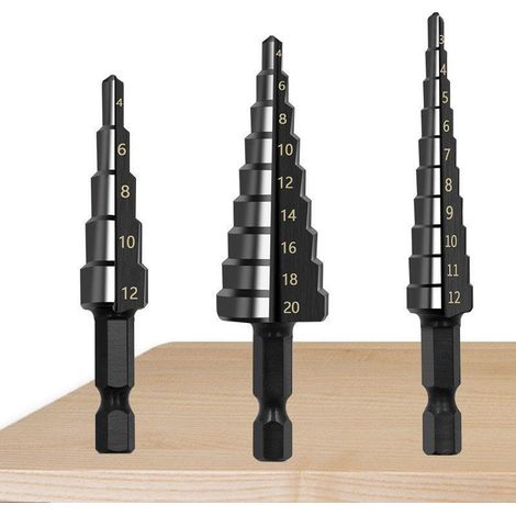 3 Pièce Foret Fraise Meche Etage, 3-12 mm/4-12mm/4-20mm Conique acier à haute vitesse avec Revêtement Titane, Foret Metal en Acier à Double Fente, Étagé avecTige Hexagonale (noir) (1/5)