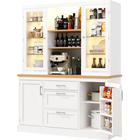 ELVMI Armadio da Cucina con 3 Cassetti, Ripiani Regolabili, LED RGB e Piano di Lavoro, MDF Bianco, 140 x 40 x 185 cm (1/5)