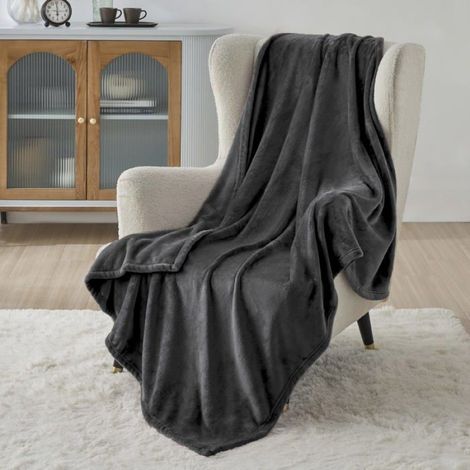 Plaid - - Couverture en flanelle unie - Gris noir - 240x220cm (1/5)