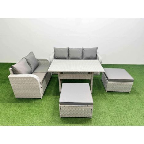 Fimous 7 Seater PE Rattan Wicker Garden Furniture Patio Conservatory Sofa Set with Rectangular Dining Table 3 Seater Sofa Love Sofa 2 Big Footstool (1/4)