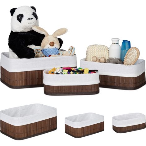 6x Cestino Portaoggetti, Pratico Set, Fodera in Tessuto, Bambù, Rettangolare, Bagno, Giochi, Marrone (1/5)