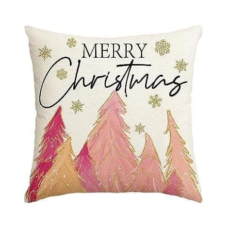 Housse de coussin Colorlife Arbre de Noël rose Joyeux Noël, 45 x 45 cm, décoration de coussin de Noël rose pour (1/5)