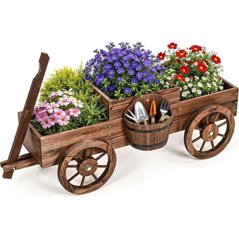 Brouette à Fleur en Bois, Chariot à Fleurs avec Poignée Réglable (1/5)