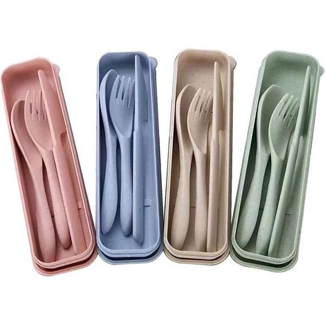 Lot de 4 Ensemble d'Ustensiles Réutilisables avec étui, Couverts en Plastique Portables, Ensembles de Couteaux et de Fourchettes (1/4)