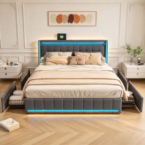 Lit 160x200 cm avec tiroir, lit capitonné,avec LED, cadre de lit avec 4 tiroirs en fer et chargement USB, sommier à lattes en bois,sans matelas-Matière en lin-Gris foncé (1/5)