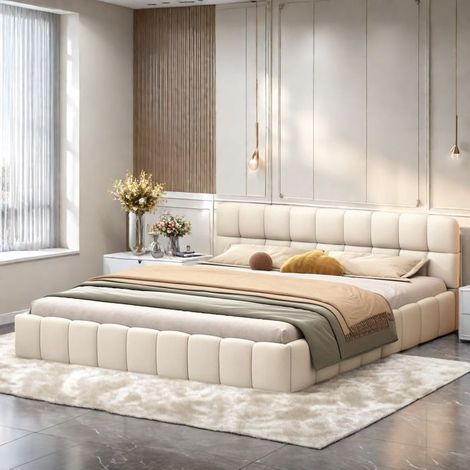 Doppelbett mit Kapitonierung 140x200cm, Einzelbett für Erwachsene 140x200 cm, Bett für 2 Personen, Flachbett mit Lattenrost, Leinenstoff, Beige