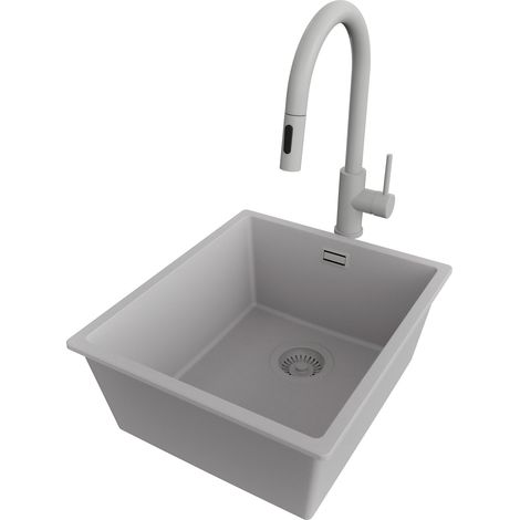 PRIMAGRAN Evier Sous Plan 41x47cm,Evier en Granit 1 bac + Robinet 40x20cm + Kit de Vidage, Évier au meuble 45cm - London, Gris (1/5)