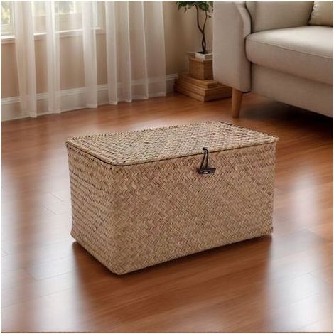 Panier de rangement en paille fait main, boîte à maquillage avec couvercle
