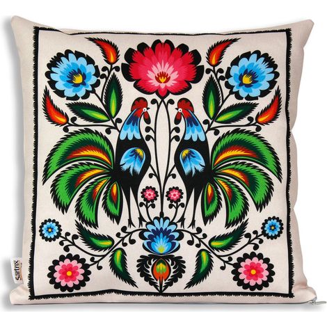 Taie d'oreiller folklorique de Łowicz, coqs verts, décolleté beige (1/2)