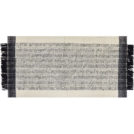 Alfombra de lana blanco crema negro 80 x 150 cm algodón hecho a mano borlas Ketenli