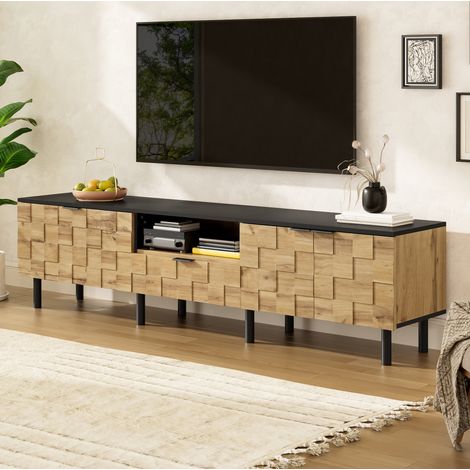 Meuble TV en panneaux de particules naturel et noir 170x35x44,5 cm, 2 portes, 1 tiroir, 1 niche ouverte (1/5)