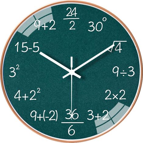 Horloge murale mathématiques 30 cm, mouvement silencieux non tic-tac, quartz de qualité, pour bureau, salle de classe, école, maison, cuisine, salon, décoration murale (Vert) (1/5)