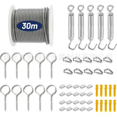 JSSEVN - Cable de acero inoxidable 304 de 2 mm x 30 m con revestimiento de PVC - Tensor M5 y gancho de ojo - Para lavandería, plantas trepadoras, balcón (1/5)