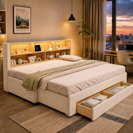 Tkopy-Lit 90 x 200,lit simple,canapé lit,lit gigogne,lit rembourré,équipé de grande capacité pour le rangement,extensible jusqu'à 180 cm,avec port USB et éclairage LED,en velours,beige (1/5)