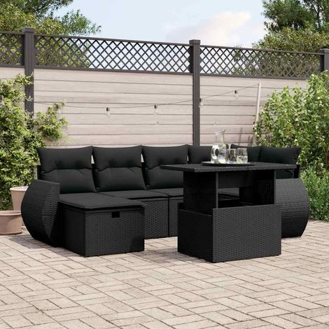Salon de jardin 7 pièces en résine tressée noire avec coussins et table relevable, 66.26kg - PANGIVO (1/5)