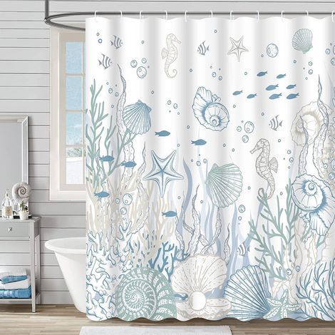 Duschvorhang 180 x 180 cm, Unterwassermotiv, wasserdicht, waschbar, aus Polyestergewebe, mit Ösen und 12 Duschvorhangringen, für Badezimmer