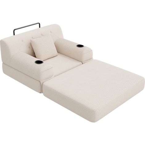 Divano letto singolo in velluto a coste beige con schienale alto, 2 portabicchieri e 4 tasche (1/5)