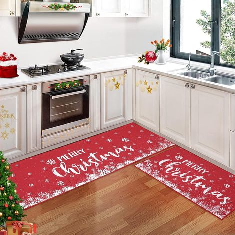 40 x 60 cm + 40 x 120 cm Tapis de cuisine Merry Christmas en lin tissé flocon de neige de Noël décoration de cuisine antidérapant lavable tapis (1/5)