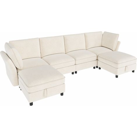 Divano angolare modulare a U/L 6 posti con pouf contenitore, tessuto chenille beige (1/5)