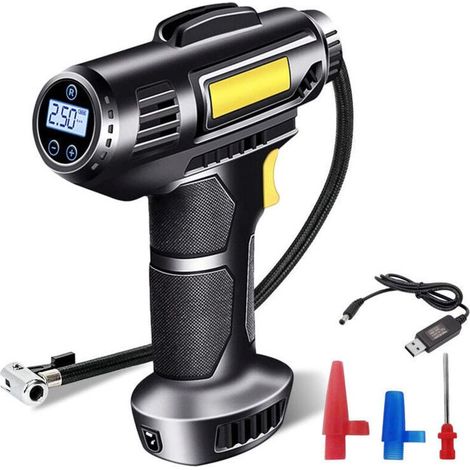 Compresseur Pneus Voiture Numérique Portable , 2000 mAh, batterie rechargeable USB, 150 psi, Avec LED et buses pour voitures, gonfleur pneu, motos, vélos, (1/5)