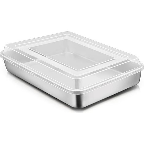 Moule à gâteaux avec couvercle, Moule à gâteaux en acier inoxydable, 26.5x20x5cm, Plaque à pâtisserie rectangulaire pour cuire rôtir conserver, Idéal pour les gâteaux/brownies/lasagnes (1/5)