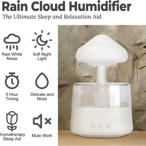 KZQ Humidificateur en Forme de Nuage de Pluie, diffuseur d'huiles essentielles, Jolie veilleuse en Forme de Champignon avec 7 Couleurs changeantes, Fontaine de Bureau, Goutte d'eau sonore pour (Blanc) (1/4)