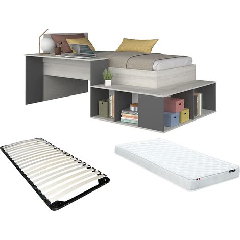 Letto combinato 90 x 200 cm con vani portaoggetti e scrivania Naturale e Antracite + Rete + Materasso - RIGALI (1/5)