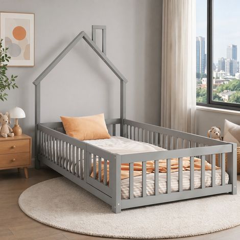 Cama infantil casita 90 x 200 cm con somier, sin colchón, en pino y MDF, gris HAVRYA (1/5)