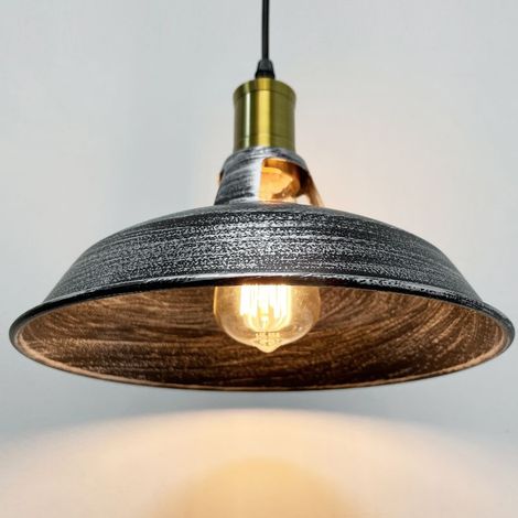 – Lustre suspension industrielle métal E27 27cm – Design rétro gris – Longueur câble 100cm réglable – Compatible ampoules LED et halogènes (1/5)