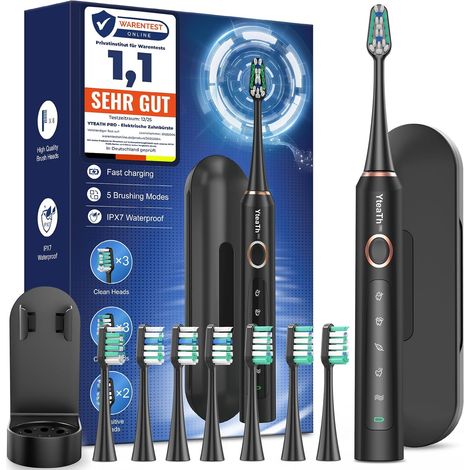Brosse À Dent Électrique Soniques pour Adultes - Brosse A Dent Sonique avec 8 Têtes de Brosse et Étui de Voyage, 5 Modes, Étanche IPX7, Brosse A Dent Electrique de Voyage Rechargeable, Noir (1/5)